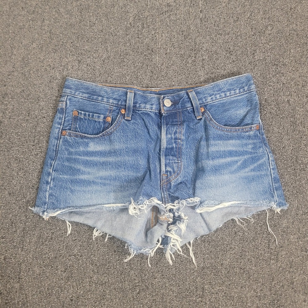 Levi's W28 501 Original Denim Shorts Womens Medium Wash Distressed Frayed Hem